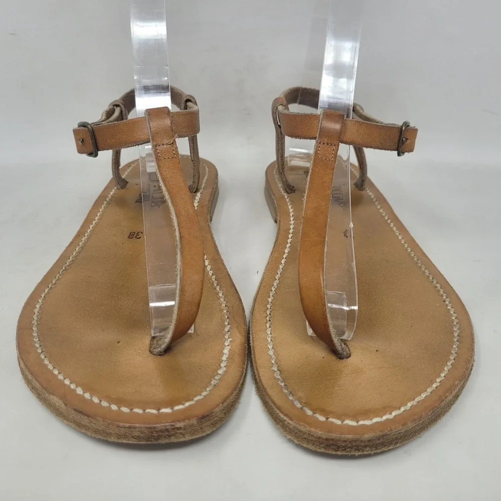 K.Jacques Sandals EU38 US6.5 Brown Leather T-Strap Gladiator Flat Resort France